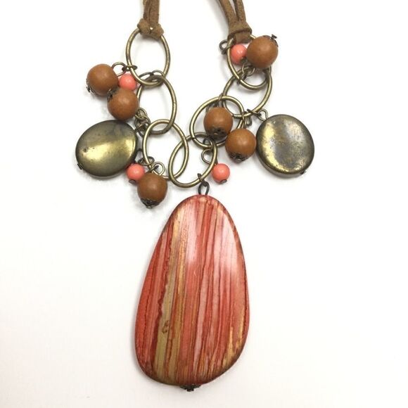 Orange Medallion Necklace, Orange & Gold Medallion Necklace, Suede - Picture 4 of 8